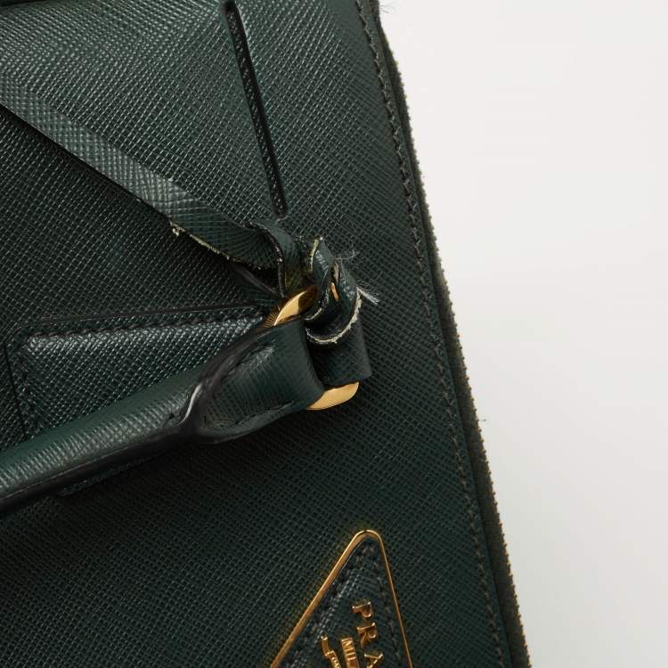 Pre Owned Prada Green Saffiano Lux Leather Small Double Zip Tote