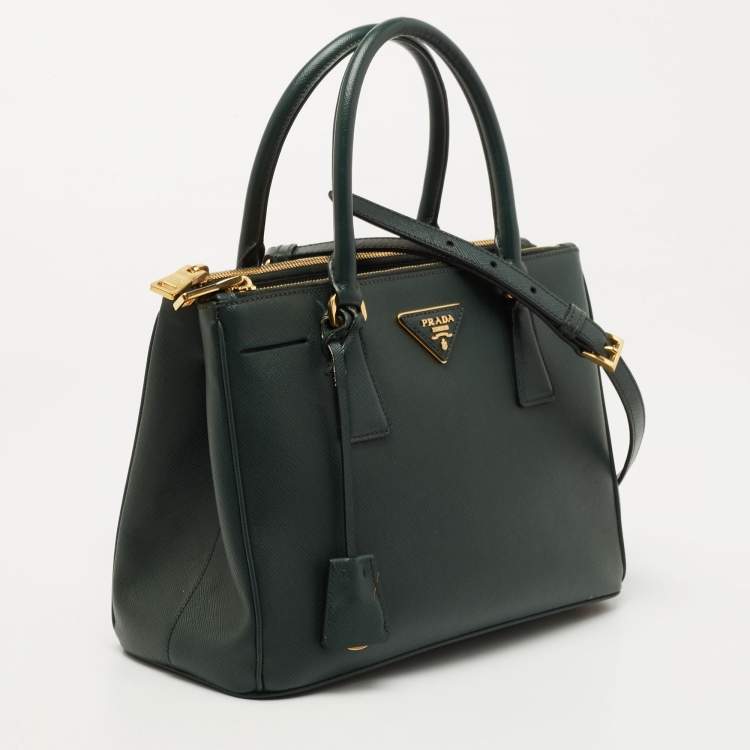 Pre Owned Prada Green Saffiano Lux Leather Small Double Zip Tote