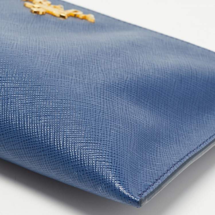 Pre Owned Prada Navy Blue Saffiano Lux Leather Wristlet Slim Clutch   