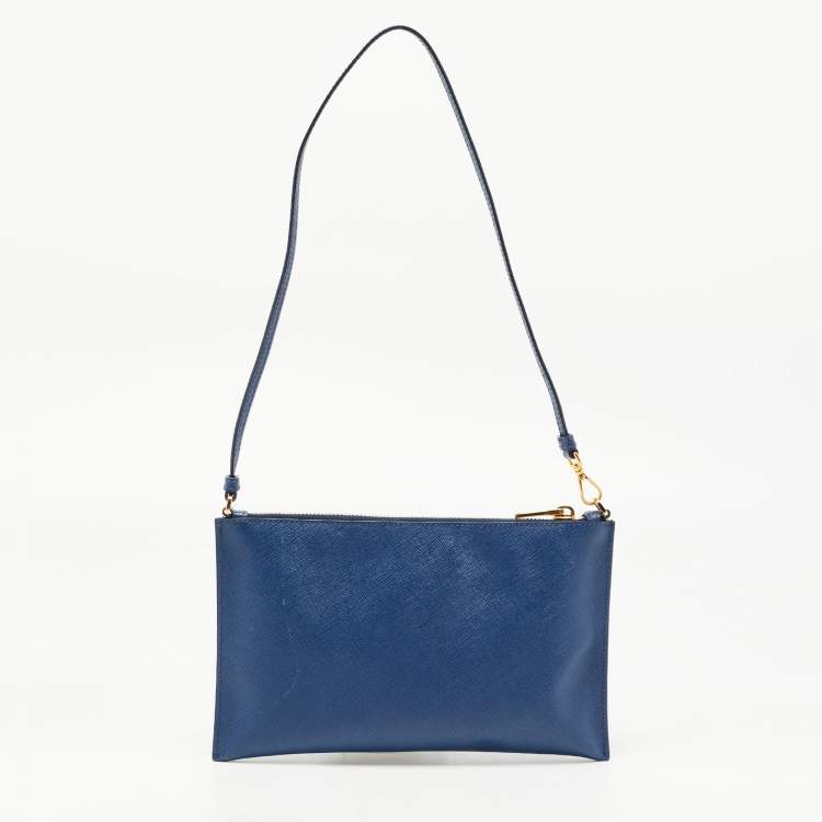 Pre Owned Prada Navy Blue Saffiano Lux Leather Wristlet Slim Clutch   