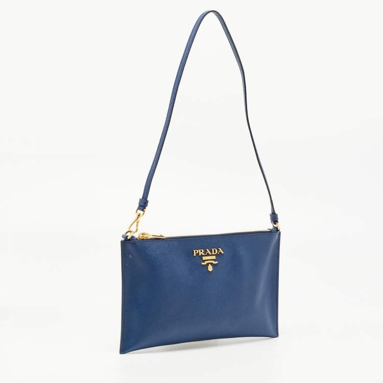 Pre Owned Prada Navy Blue Saffiano Lux Leather Wristlet Slim Clutch   