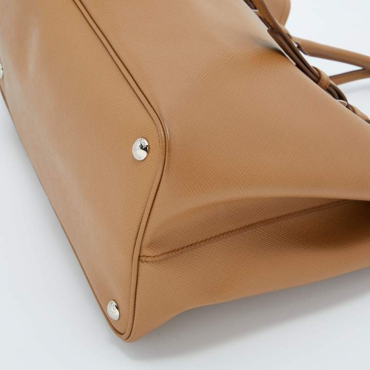 Pre Owned Prada Light Brown Saffiano Leather Cuir Covered Strap Double Tote