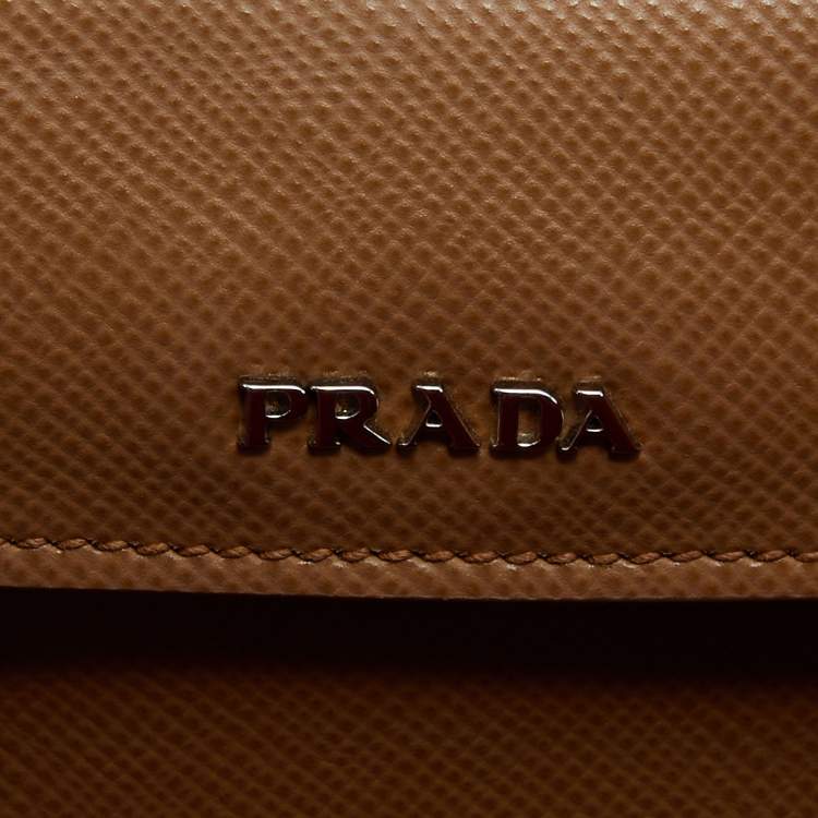Pre Owned Prada Light Brown Saffiano Leather Cuir Covered Strap Double Tote