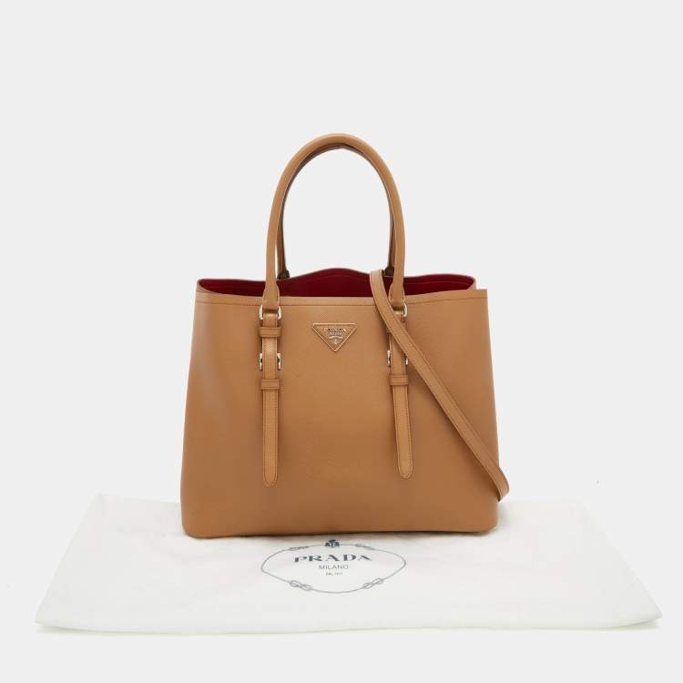 Pre Owned Prada Light Brown Saffiano Leather Cuir Covered Strap Double Tote