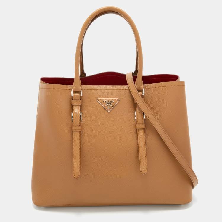 Prada Light Brown Saffiano Leather Cuir Covered Strap Double Tote Prada |  TLC