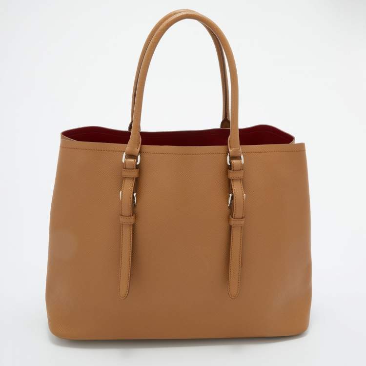 Pre Owned Prada Light Brown Saffiano Leather Cuir Covered Strap Double Tote