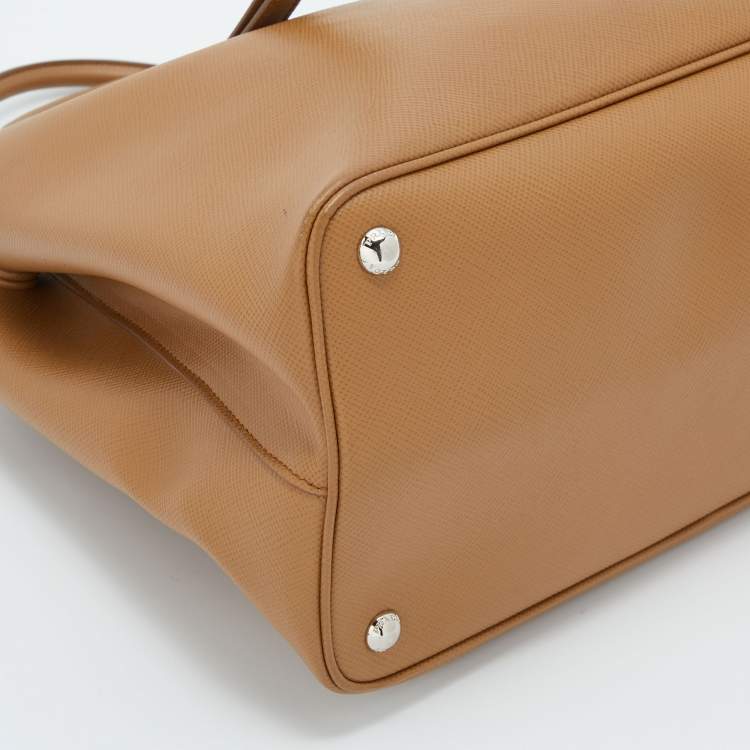 Pre Owned Prada Light Brown Saffiano Leather Cuir Covered Strap Double Tote