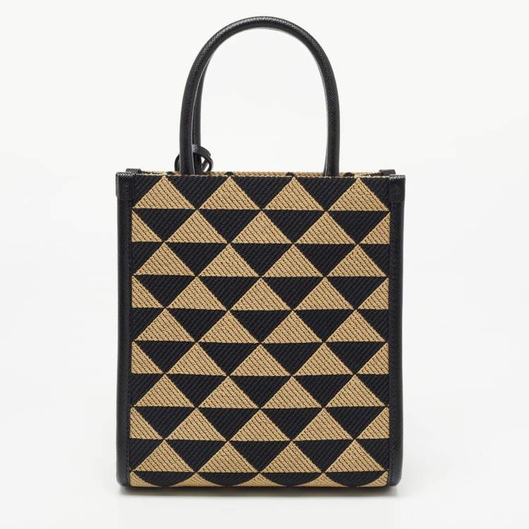 Pre Owned Prada Beige/Black Triangle Canvas and Leather Symbole Tote