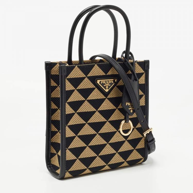 Pre Owned Prada Beige/Black Triangle Canvas and Leather Symbole Tote