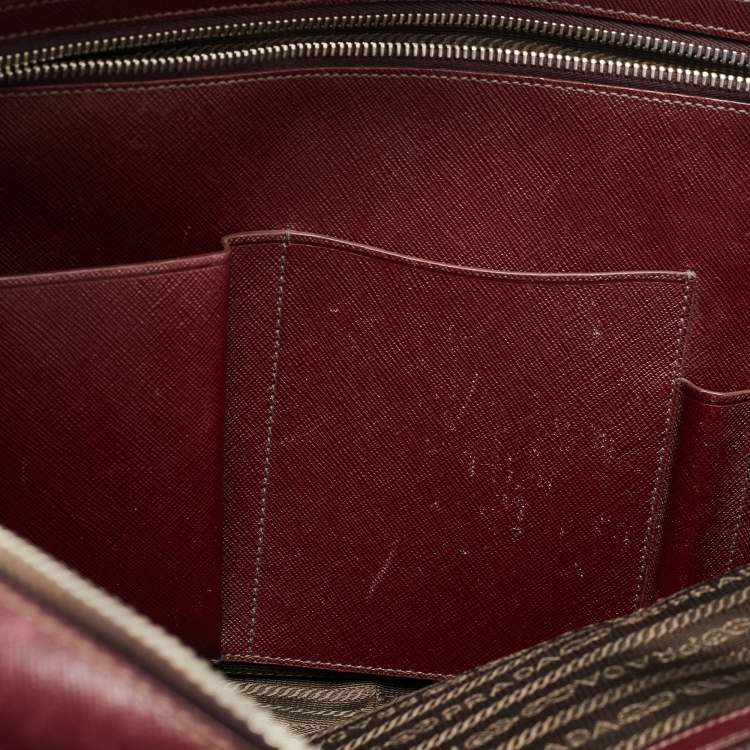Pre Owned Prada Burgundy Saffiano Lux Leather Zip Briefcase 