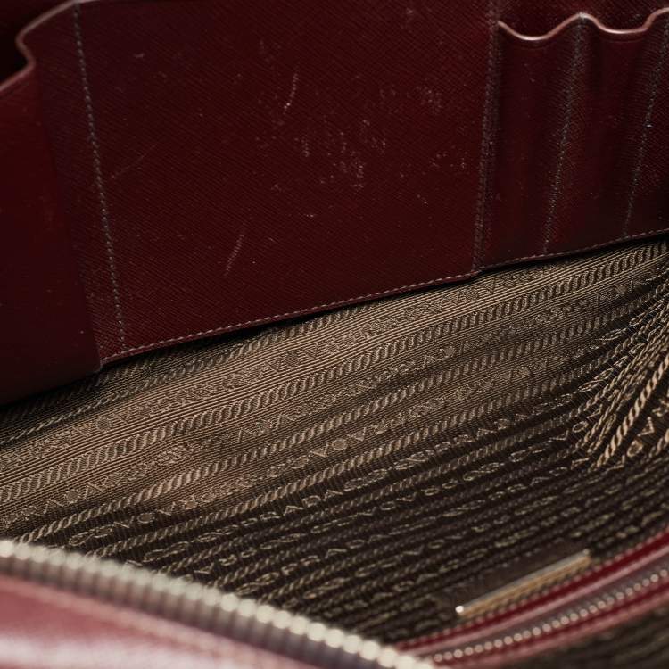 Pre Owned Prada Burgundy Saffiano Lux Leather Zip Briefcase 