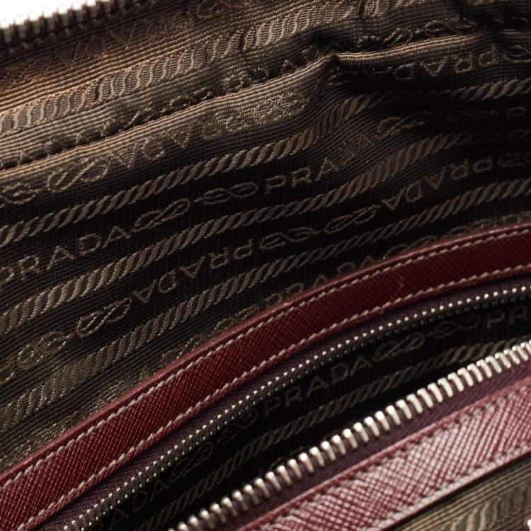 Pre Owned Prada Burgundy Saffiano Lux Leather Zip Briefcase 
