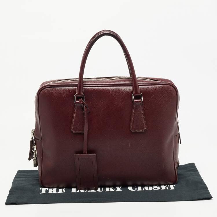Pre Owned Prada Burgundy Saffiano Lux Leather Zip Briefcase 
