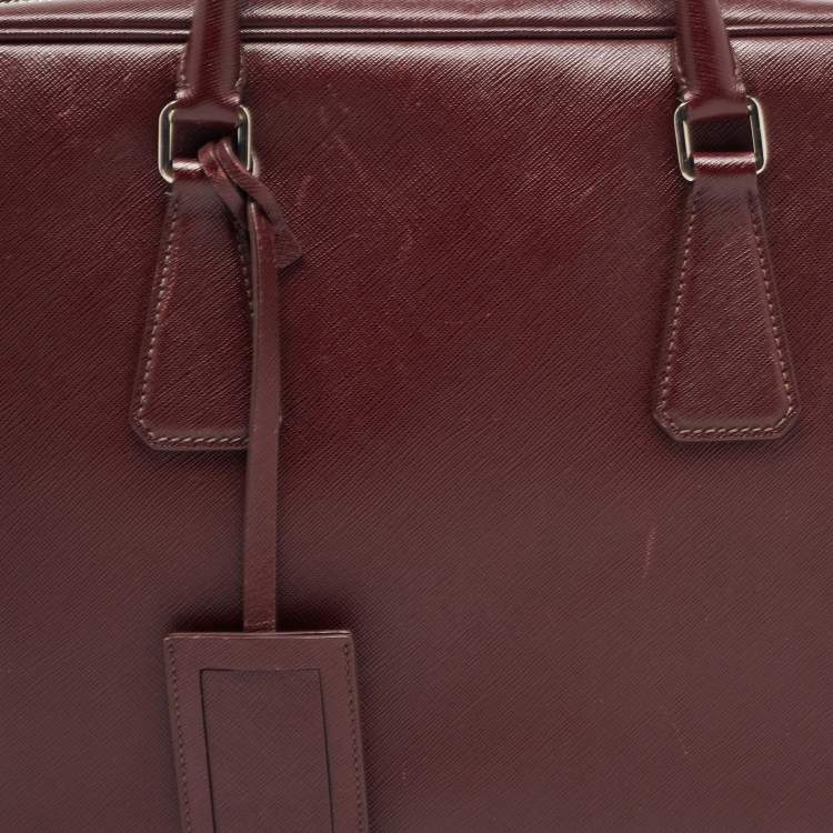 Pre Owned Prada Burgundy Saffiano Lux Leather Zip Briefcase 