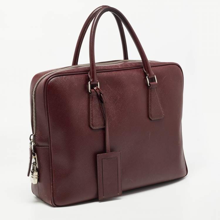 Pre Owned Prada Burgundy Saffiano Lux Leather Zip Briefcase 