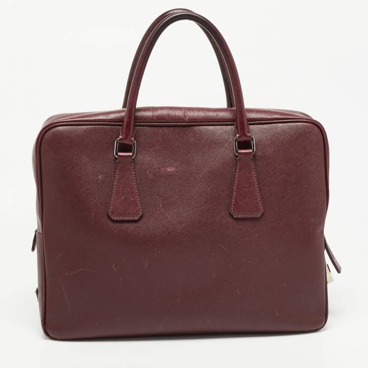 Pre Owned Prada Burgundy Saffiano Lux Leather Zip Briefcase 