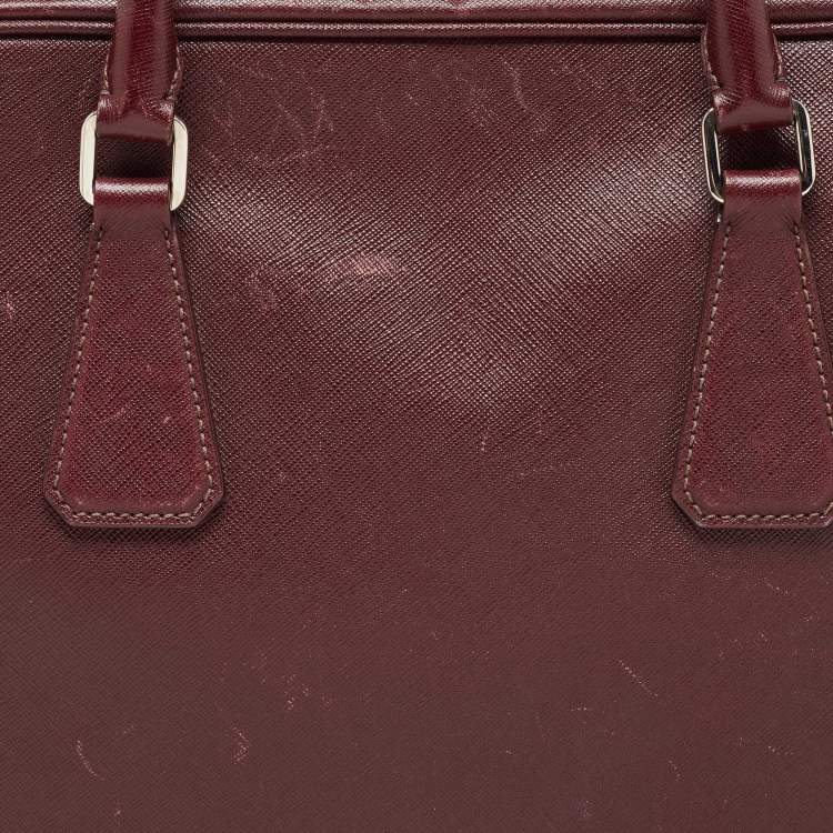 Pre Owned Prada Burgundy Saffiano Lux Leather Zip Briefcase 
