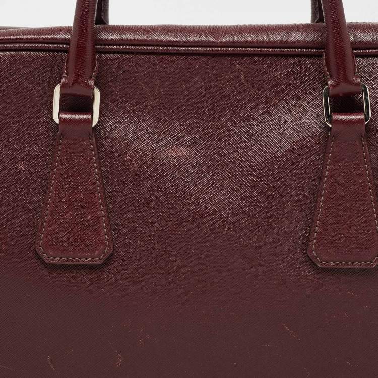 Pre Owned Prada Burgundy Saffiano Lux Leather Zip Briefcase 