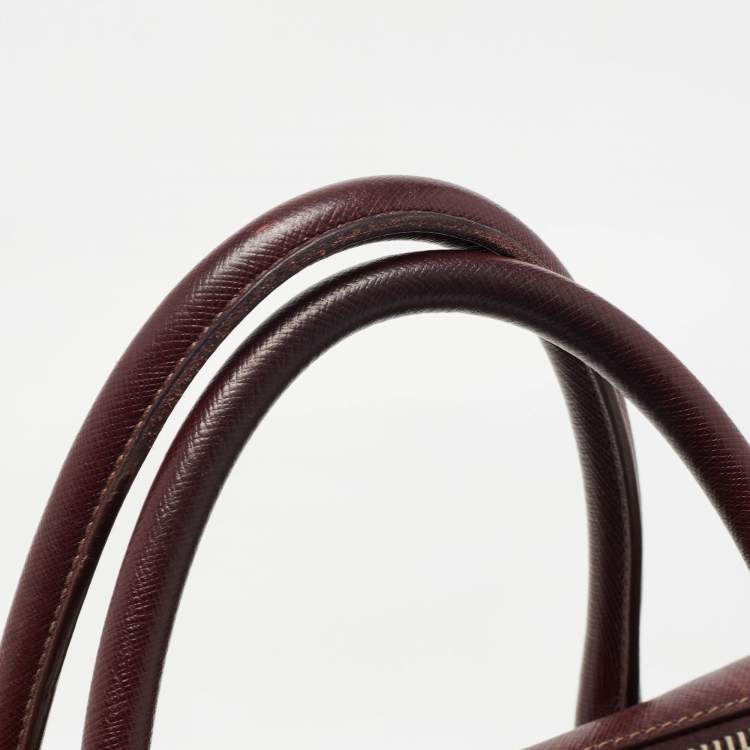 Pre Owned Prada Burgundy Saffiano Lux Leather Zip Briefcase 