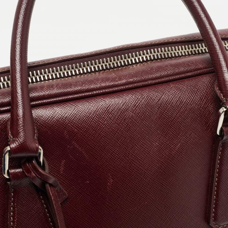 Pre Owned Prada Burgundy Saffiano Lux Leather Zip Briefcase 