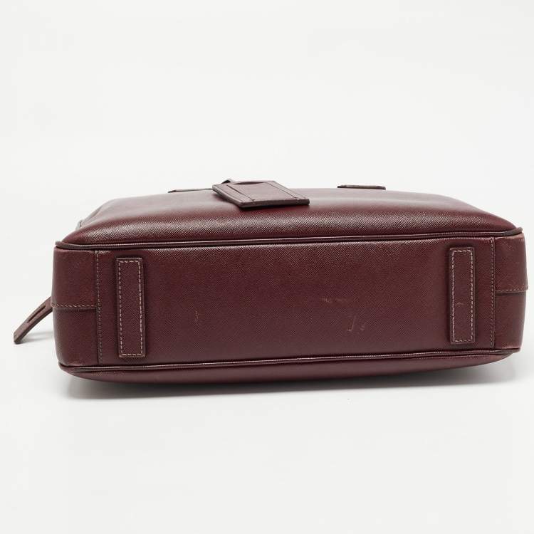 Pre Owned Prada Burgundy Saffiano Lux Leather Zip Briefcase 