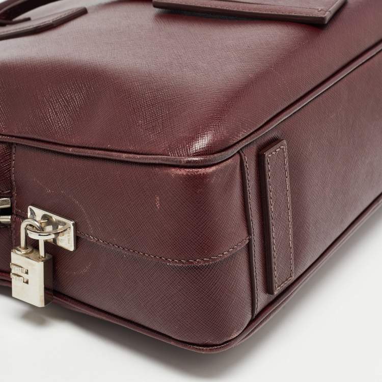 Pre Owned Prada Burgundy Saffiano Lux Leather Zip Briefcase 