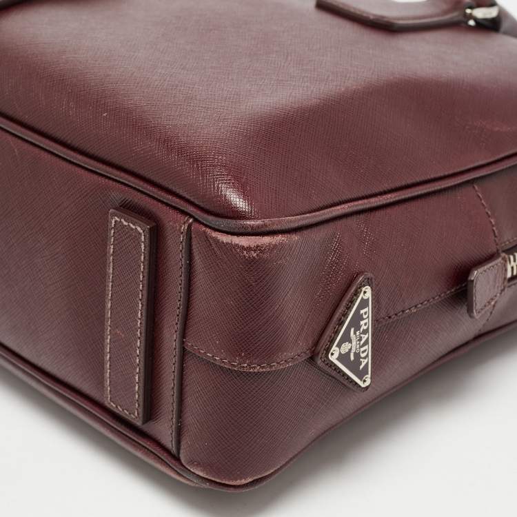 Pre Owned Prada Burgundy Saffiano Lux Leather Zip Briefcase 