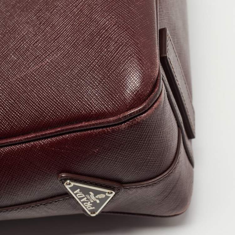 Pre Owned Prada Burgundy Saffiano Lux Leather Zip Briefcase 