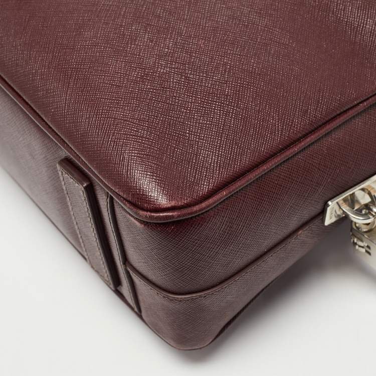 Pre Owned Prada Burgundy Saffiano Lux Leather Zip Briefcase 