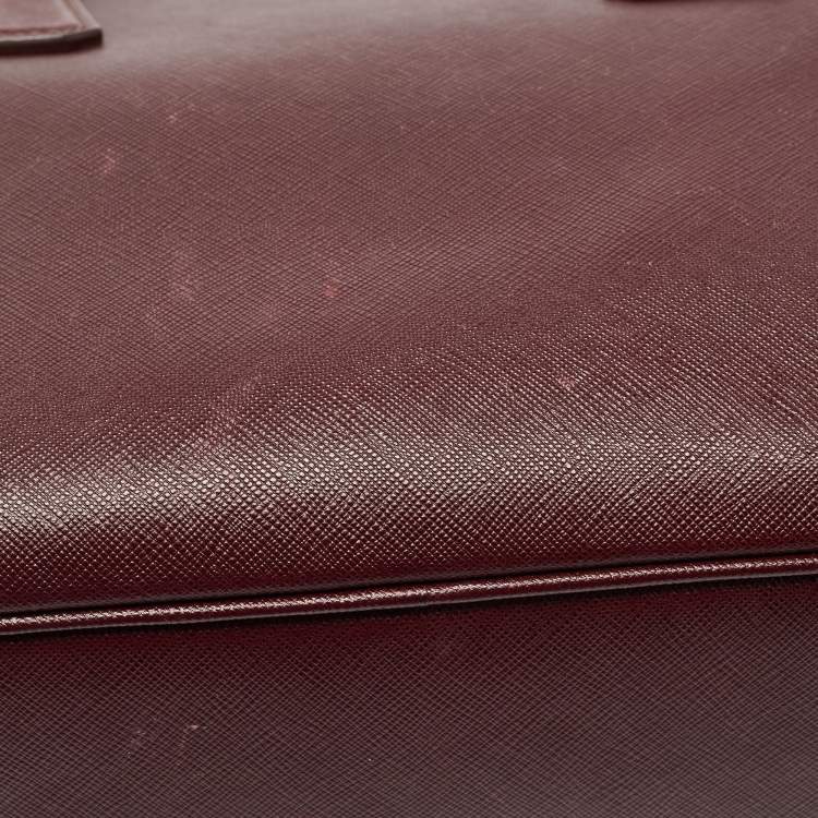 Pre Owned Prada Burgundy Saffiano Lux Leather Zip Briefcase 