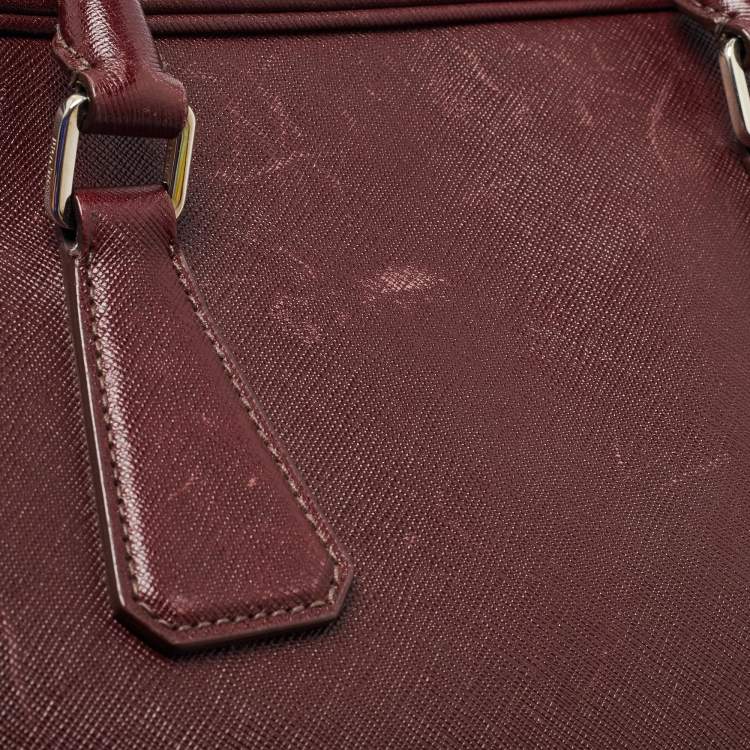 Pre Owned Prada Burgundy Saffiano Lux Leather Zip Briefcase 