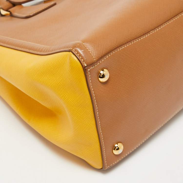 Pre Owned Prada Brown/Yellow Saffiano Leather Double Handle Open Tote