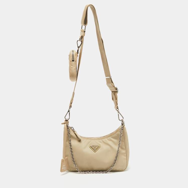 Prada Beige Nylon and Leather Re-Edition 2005 Baguette Bag