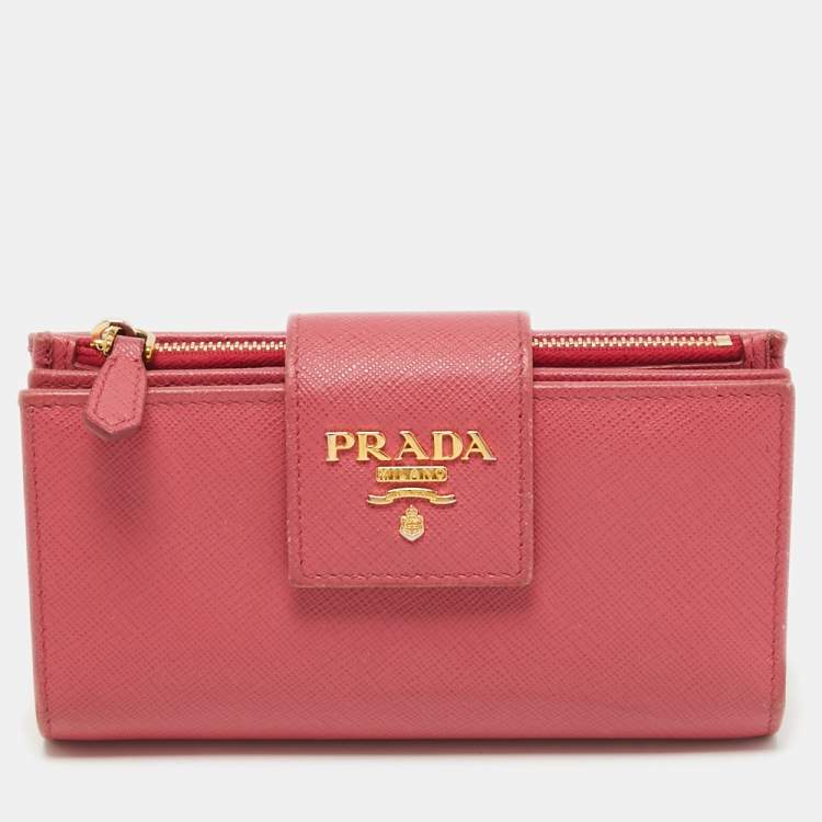 Pre Owned Prada Pink Saffiano Metal Leather Logo Flap Wallet