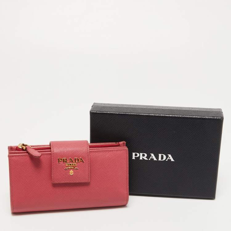 Pre Owned Prada Pink Saffiano Metal Leather Logo Flap Wallet