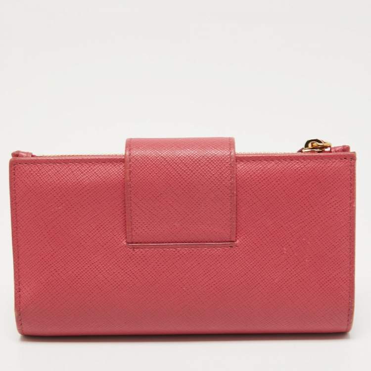 Pre Owned Prada Pink Saffiano Metal Leather Logo Flap Wallet