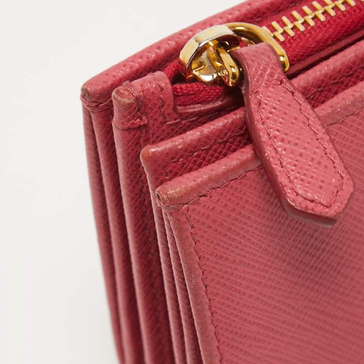 Pre Owned Prada Pink Saffiano Metal Leather Logo Flap Wallet