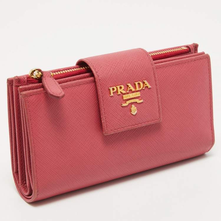 Pre Owned Prada Pink Saffiano Metal Leather Logo Flap Wallet