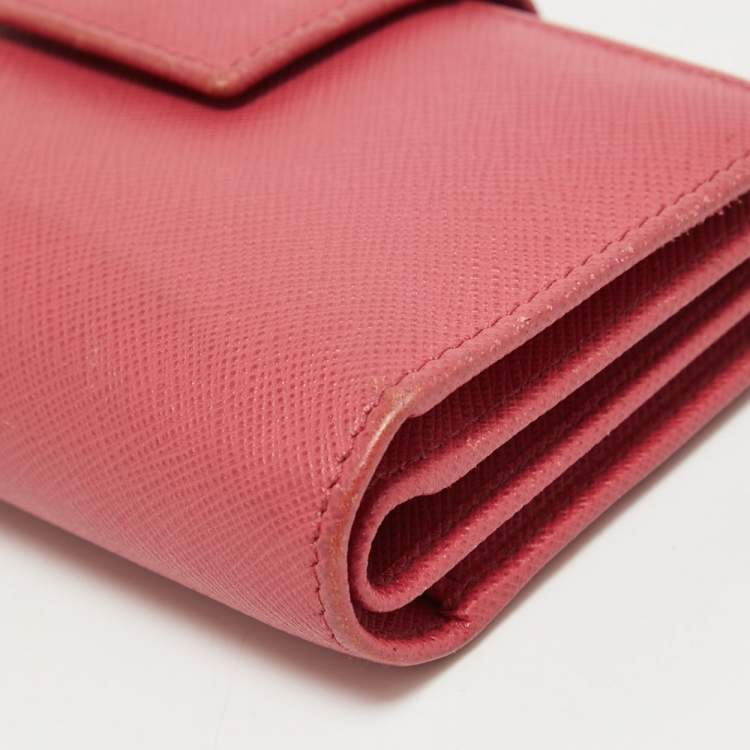 Pre Owned Prada Pink Saffiano Metal Leather Logo Flap Wallet