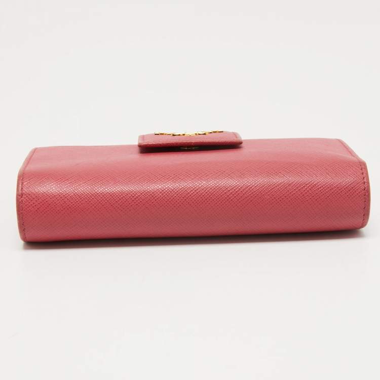 Pre Owned Prada Pink Saffiano Metal Leather Logo Flap Wallet