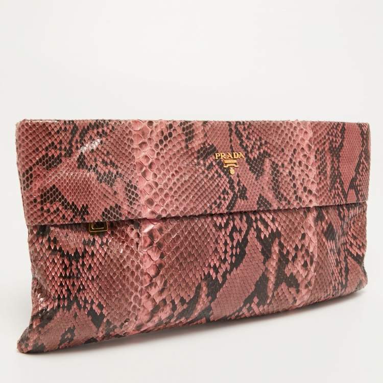 Pre Owned Prada Pink Python Oversized Zip Clutch