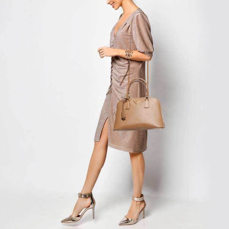 Pre Owned Prada Tan Saffiano Lux Leather Medium Promenade Satchel