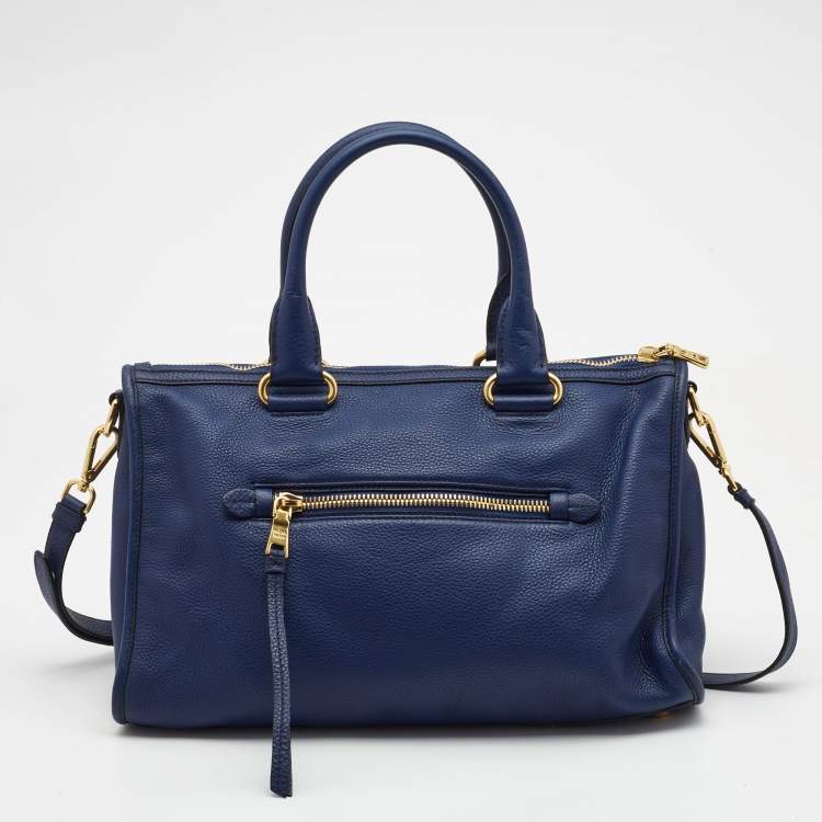 Pre Owned Prada Blue Vitello Phenix Leather Front Zip Satchel