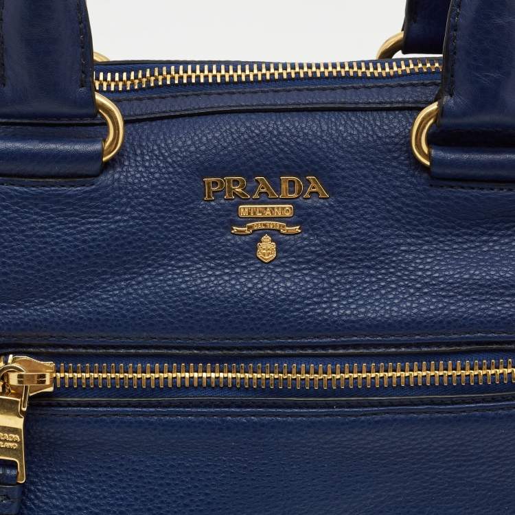 Pre Owned Prada Blue Vitello Phenix Leather Front Zip Satchel