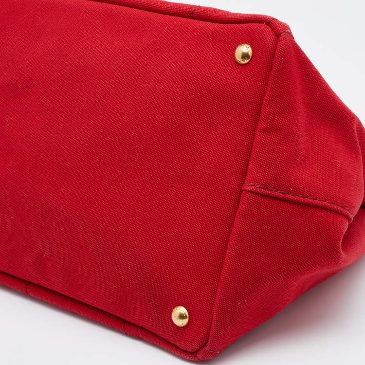 Pre Owned Prada Red Canapa Canvas Logo Print Shopper Tote
