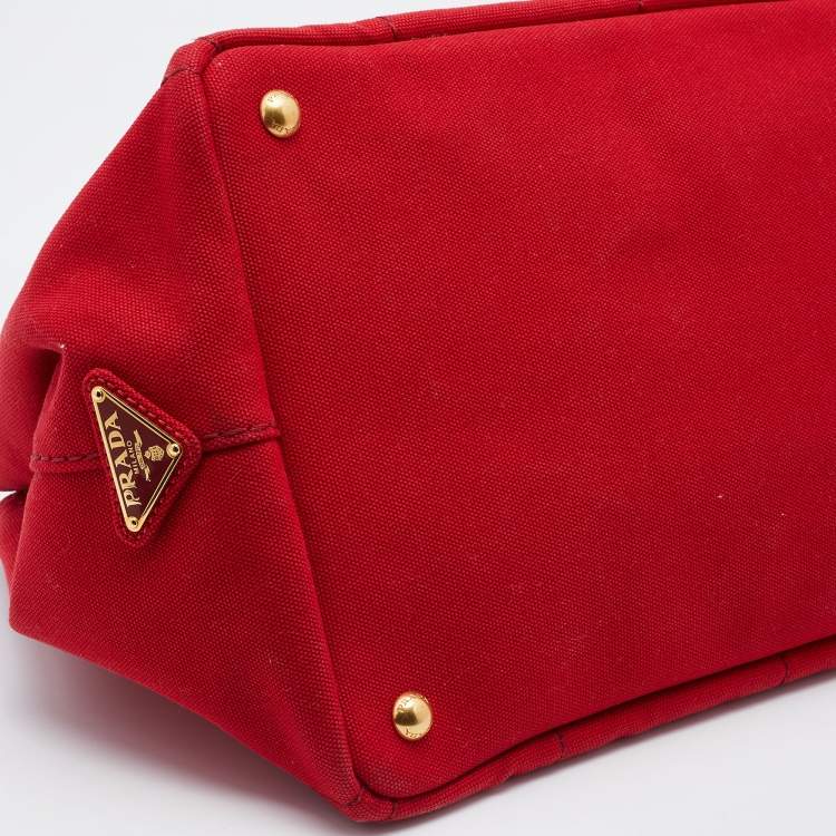 Pre Owned Prada Red Canapa Canvas Logo Print Shopper Tote