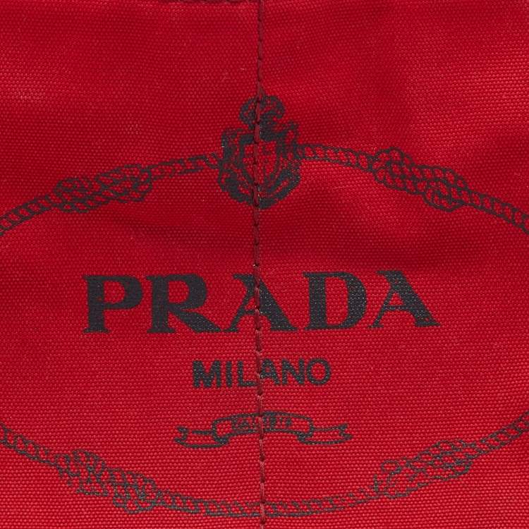 Pre Owned Prada Red Canapa Canvas Logo Print Shopper Tote