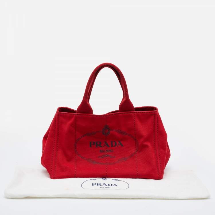 Pre Owned Prada Red Canapa Canvas Logo Print Shopper Tote