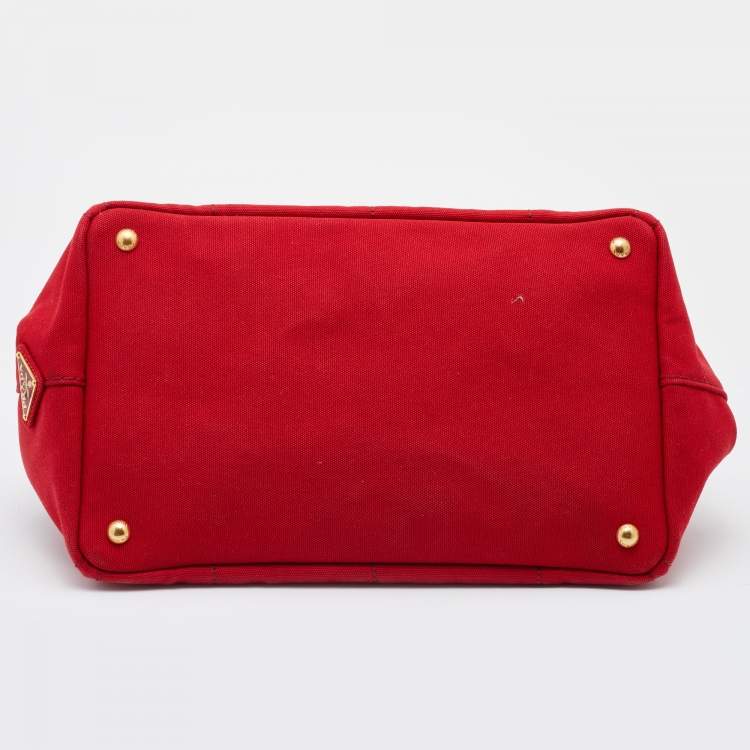 Pre Owned Prada Red Canapa Canvas Logo Print Shopper Tote