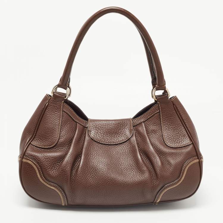 Pre Owned Prada Dark Brown Vitello Daino Leather Pushlock Flap Hobo